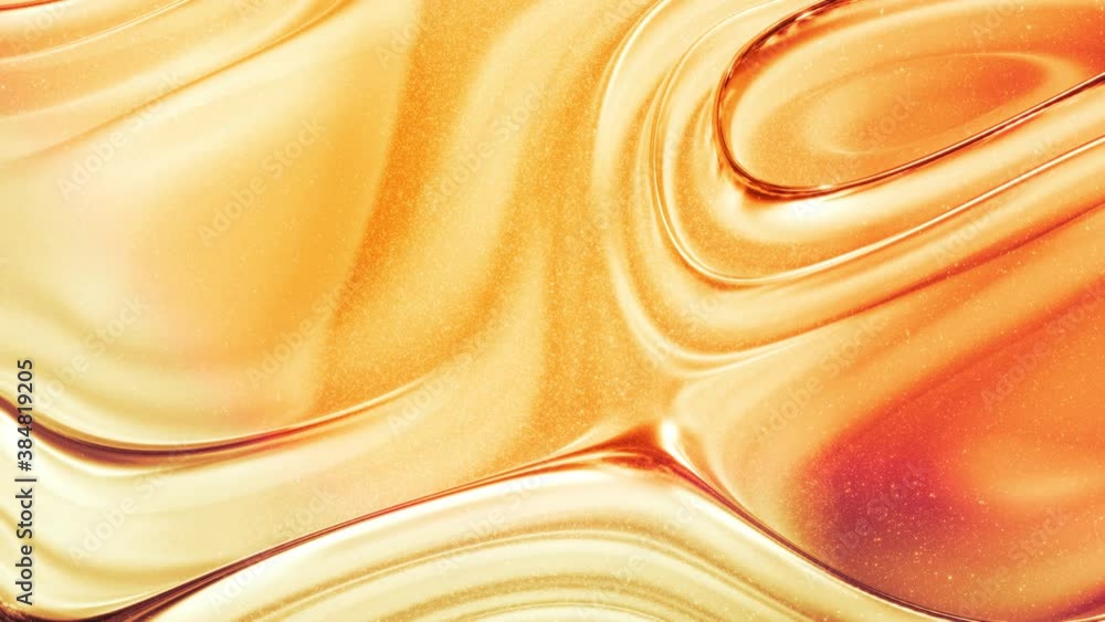 Aufkleber looped abstract background with wavy sparkling golden liquid pattern on shiny glossy surface. viscou