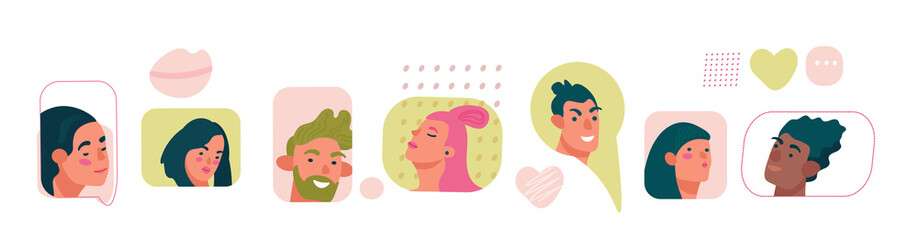 Group of selfies icons, icons with portraits of people. Selfies creative concepts. Flat cartoon vector illustration for designers templates