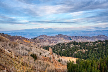 The view of the Uinta Mountains from Guardsman Pass at the top of Big Cottonwood Canyon at nearly 10,000 feet in Utah.      