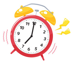 かわいい目覚まし時計のイラスト_赤_7時_鳴る