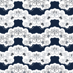 Fancy candle holder and stars garland. Christmas seamless pattern. Background blue. Vector illustration