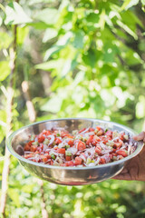 Shepherd salad mixed with minced onions tomatoes, peppers, cucumbers and seasoned with olive oil and lemon juice. Turkish Coban salata