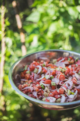 Shepherd salad mixed with minced onions tomatoes, peppers, cucumbers and seasoned with olive oil and lemon juice. Turkish Coban salata