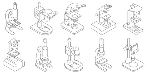 Microscope isolated isometric set icon. Vector illustration laboratory equipment on white background. Vector isometric set icon microscope.