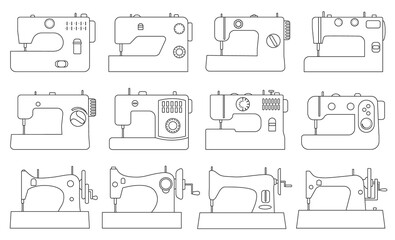 Sewing machine vector illustration on white background. Isolated outline set icon tool for sew. Vector outline set icon sewing machine.
