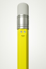 Funny cute yellow character pencil with eyes and mouth on a white background vertical illustration, 3d rendering
