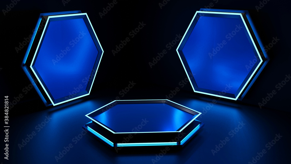 Poster 3d rendering platform sci-fi style glow hexagon model.
