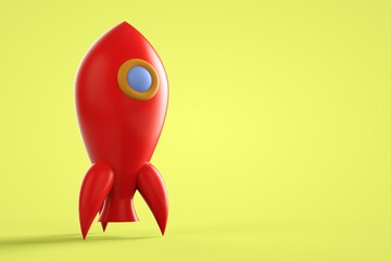 Fototapeta premium Cute rounded red rocket on a yellow background view from the floor to illustrate a startup and new ideas, 3d rendering