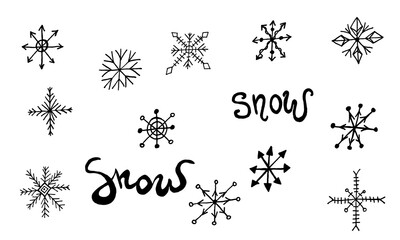 Snowflake simple doodle illusatration. Hand drawn snow element isolated on white background. Winter season, Christmas celebration