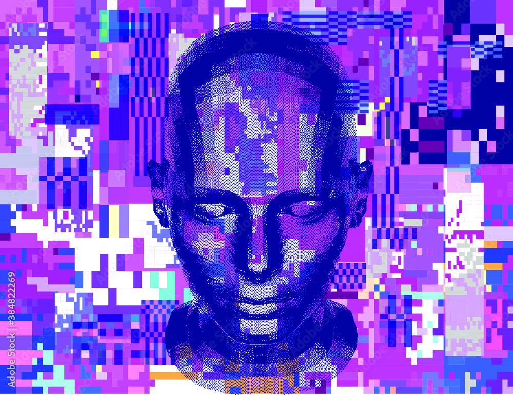 Poster artificial intelligence and psychological profiling concept. human head with glitched pixels, distor