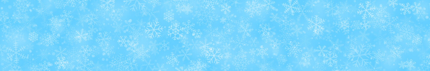 Fototapeta na wymiar Christmas banner of snowflakes of different shapes, sizes and transparency on light blue background