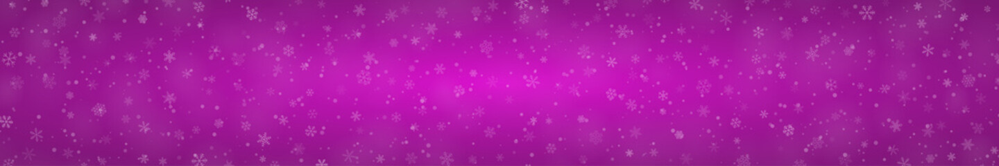 Christmas banner of snowflakes of different shapes, sizes and transparency on purple background
