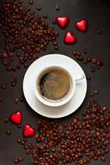  Romantic still life with  coffee cup and sweet candy heart forms