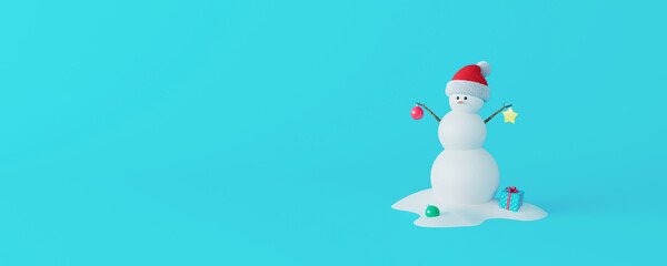 Winter Holidays concept. Funny snowman with decorations, isolated on blue pastel background 3d render 3d illustration