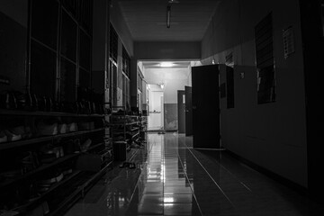 Dark corridor in dormitory/aparment hallway with light at the end in Black and White