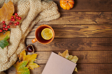 autumn background on wooden planks