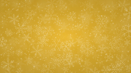 Christmas background of snowflakes of different shapes, sizes and transparency in yellow colors