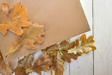 Autumn oak leaves are scattered on the background of a cardboard box. Concept: seasonal delivery, packaging, natural eco-friendly products. Space for text.