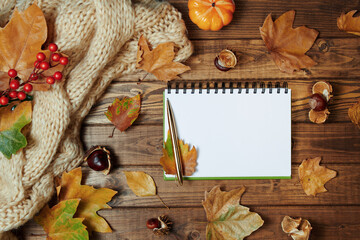 autumn background on wooden planks