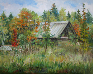 Autumn in the country, sunny day, oil painting
