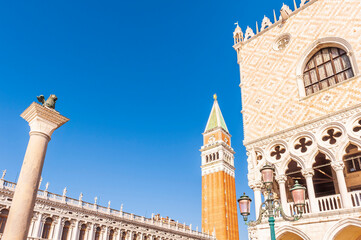 Fototapeta na wymiar The column of San Marco, the Campanile and the Doge's Palace in Venice in Veneto, Italy