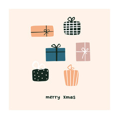 Abstract christmas greeting card with xmas gift boxes. Trendy new year winter holiday poster template. Vector illustration in hand drawn flat style