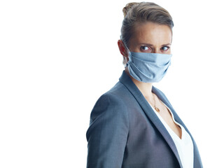 modern female in grey suit on white