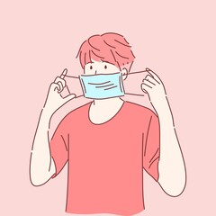 Man is about to wear medical mask.  Prevent disease, flu, air pollution, contaminated air, world pollution concept. Hand drawn character flat style vector.