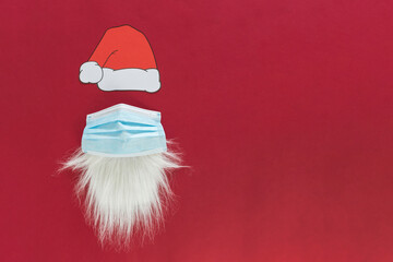 beard and mustache of Santa Claus with protective mask against covid-19 pandemic.