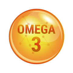 Vector illustration of omega-3 polyunsaturated fatty acid found in fish, oils, eggs, chia, and flax seeds. Vector medical icon of capsule for health. Gold shining pill isolated on a  white background.