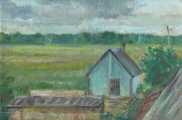 Little blue house in the russian country, oil painting