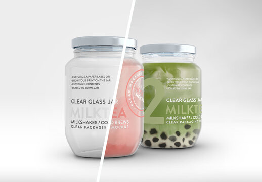 A Pair of Clear Glass Jars for Milk Tea or Milkshakes Packaging Mockup