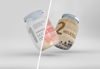 2 Floating Clear Glass Jars for Milk Tea or Milkshakes Packaging Mockup