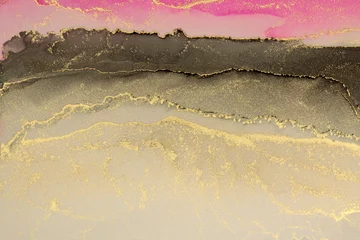 Zelfklevend Fotobehang Art Abstract painting blots horizontal background. Alcohol ink black and gold colors. Marble texture. © Liliia