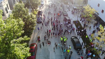 Crowd of Marathon Runners on the City Street Aerial Drone View
