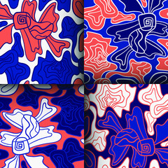 Fototapeta na wymiar A set of abstract hand-drawn four seamless backdrops with creative patterns that similar flowers.