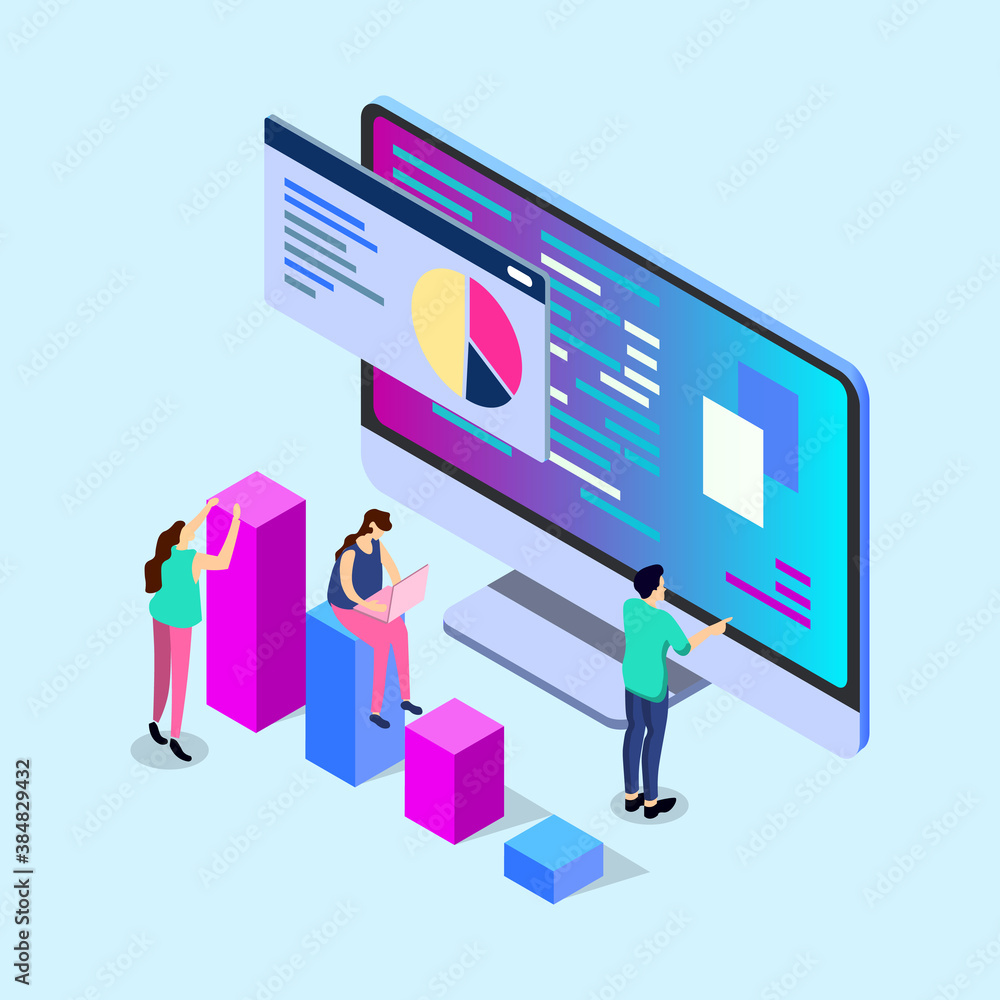Poster mobile report analysis tool app flat 3d isometry isometric business concept web vector illustration.