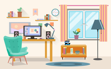 Vector flat illustration of modern office, workspace,workplace with computer in room. EPS