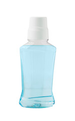 Transparent bottle with blue oral rinse for fresh breath and dental care isolated on white background