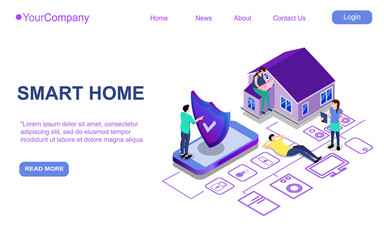 Website landing page, promotion poster, flyer or brochure concept for smart home digital technologies, isometric vector illustration EPS