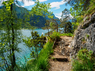 The Gaisalmsteig on Lake Achensee in Tyrol in early summer