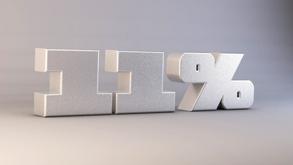 11 percent 3d metal text isolated on white, 3d render illustration