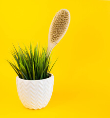 dry massage wooden brush on yellow background. eco-friendly and natural concept