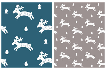 Cute Hand Drawn Reindeer Seamless Vector Patterns Set. Deer Runnig Among Trees Isolated on a Blue and Light Brown Background. Scandinavian Style Design ideal for Fabric, Wrapping Paper, Textile.