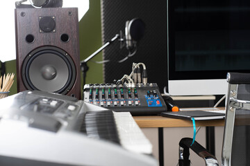 Fototapeta premium recoding studio with microphone. Performance arts concept.