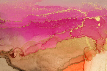 Art Abstract painting blots horizontal background. Alcohol ink pink and gold colors. Marble texture.