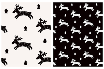 Cute Hand Drawn Reindeer Seamless Vector Patterns Set. Deer Runnig Among Trees Isolated on a Black and Light Cream Background. Scandinavian Style Design ideal for Fabric, Wrapping Paper, Textile.