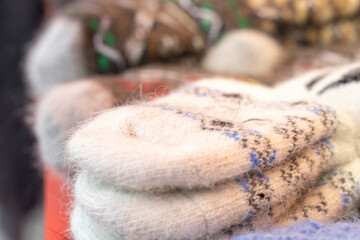 knitted woolen socks are for sale at the Christmas market in Moscow