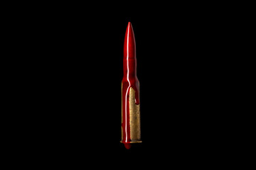 A rifle bullet with red blood. Bloodshed business, selling weapons causing death. Symbol of war, suffering, murder and crime. - obrazy, fototapety, plakaty