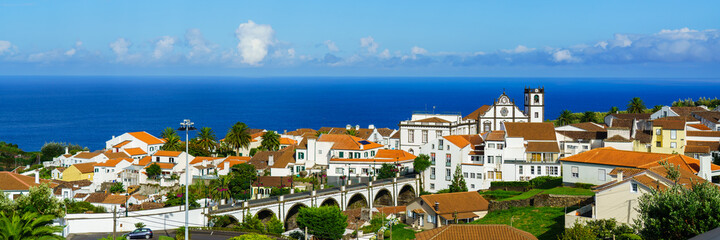 Panorama view of Nordest, Sao Miguel Island, Azores. Old stone arch bridge in Nordeste village, Sao...